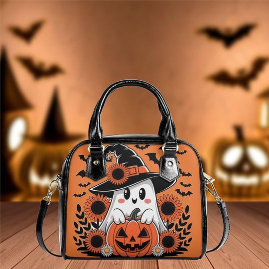 Whimsical Halloween Purse Satchel Ghost pumpkin floral design fun cute messenger purse tote black handbag top handles witchy purse