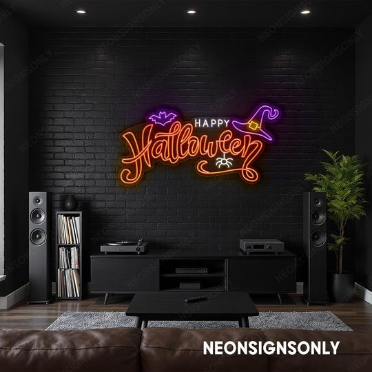 Happy Halloween Neon LED Sign, Happy Halloween Witch Hat Bat & Spider Neon Wall Sign, Spooky Happy Halloween Led Light Artwork