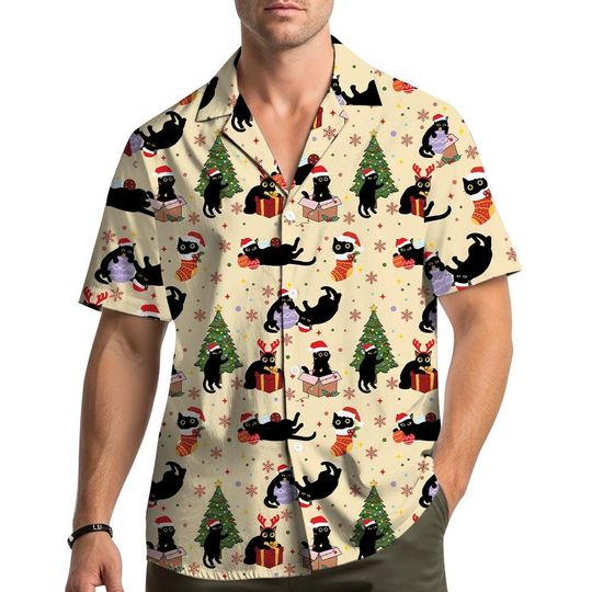 Discover Black Cat Christmas Hawaiian Shirt Men Women Youth, Cute Holiday Cats with Santa Hats, Funny Cat Lover Gift,  Christmas Party Shirt