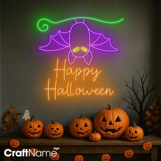 Bat Neon Sign for Halloween Party Decor, Custom LED Light Wall Decoration for Spooky Room Aesthetic, Idea Gift for Friends or Bat Lovers