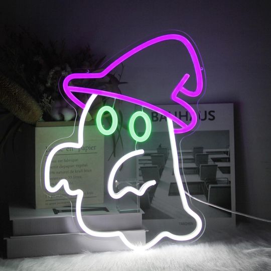 Discover Ghost with Witch Hat Neon Sign | Acrylic Sign | Halloween Neon Sign | Halloween Decor | LED Neon Sign | Neon Light Sign | Light Up Sign