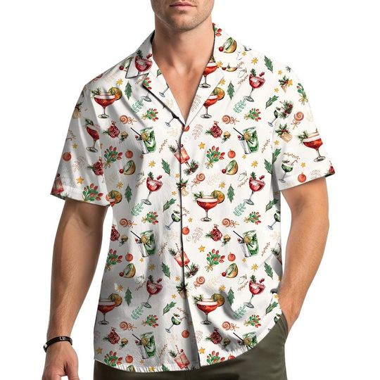 Discover Christmas Cocktail Hawaiian Shirt, Holiday Aloha Shirt with Festive Drinks and Ornaments, Christmas Party Outfit for Men and Women