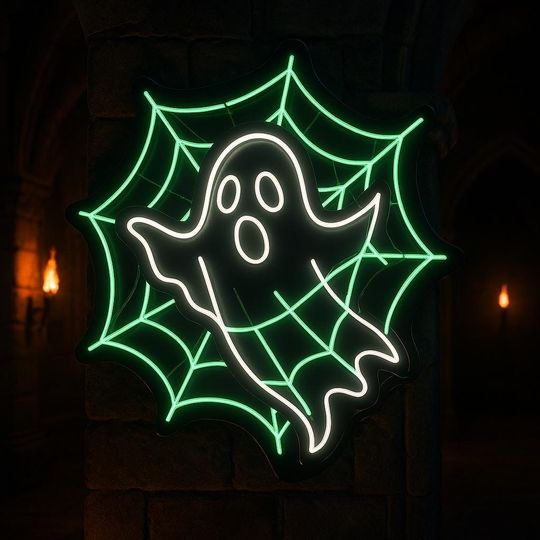 Discover Halloween Neon Sign  Ghost in Spider Web Neon Light for Spooky Party & Home Decor