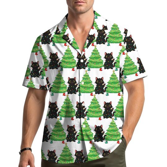 Discover Funny Black Cat Christmas Tree Hawaiian Shirt Men Women Youth, Cute Holiday Kitty Xmas Shirt, Christmas Party Button Down Shirt, Cat Gifts