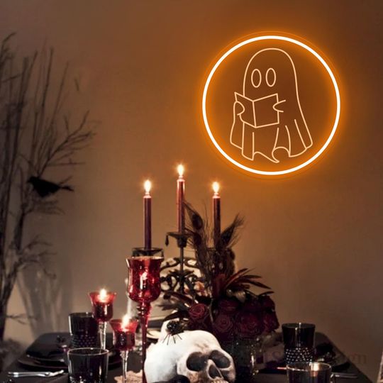 Discover Ghosts Reading Neon Sign,Spooky Halloween Ghost Sign, Funny Ghosts Neon Sign,Halloween Wall Decor, Halloween Party Decor, Book Lover Gift