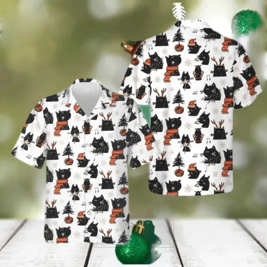 Discover Cartoon Black Cat Merry Christmas Hawaiian Shirt Funny Xmas Cat Shirt Gifts For