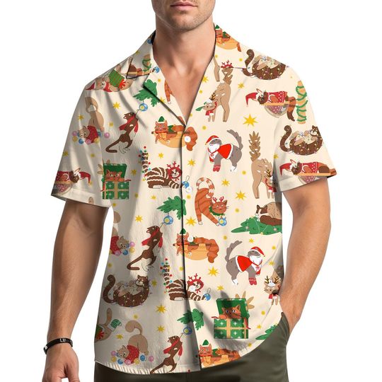 Discover Christmas Cat Hawaiian Shirt, Funny Holiday Party Button Down Shirt, Cute Santa Cat Xmas Tree Gift Shirt for Men Women Youth