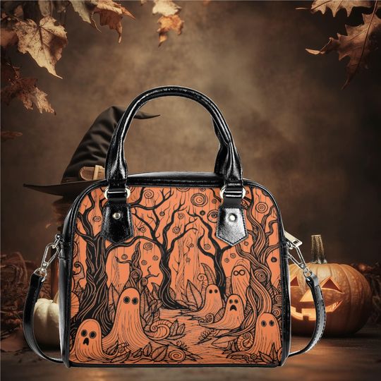 Whimsical Halloween ghost in the forest Purse Satchel fun cute messenger tote fun black handbag with top handles witchy design witchy purse