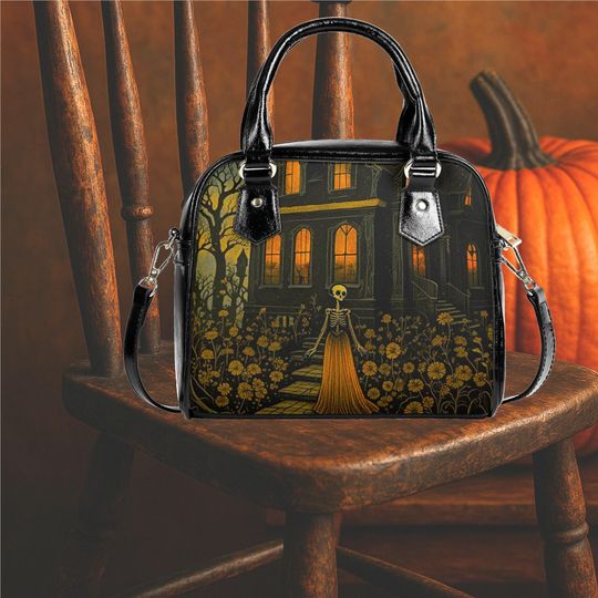 Whimsical Halloween haunted house skeleton Purse Satchel fun cute messenger tote fun black handbag with top handles witchy design