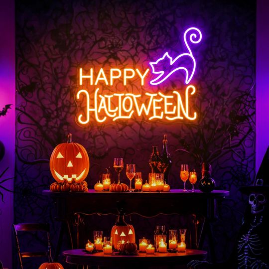 Happy Halloween Neon Sign, Halloween Cat LED Light, Spooky Party Decor, Haunted House Wall Art, Trick or Treat Sign, Custom Neon Sign