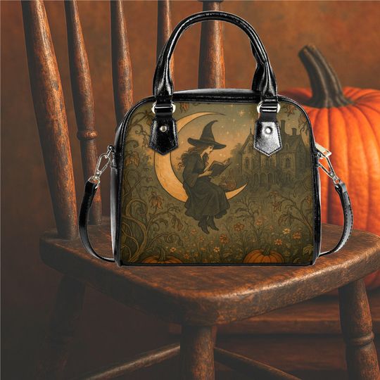 Discover Whimsical Halloween Purse Satchel 2 witches on a moon reading potion books cute fun messenger purse tote fun cute black Halloween handbag