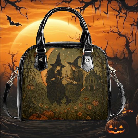 Whimsical Halloween Purse Satchel 2 witches on a moon reading potion books cute fun messenger purse tote fun cute black Halloween handbag