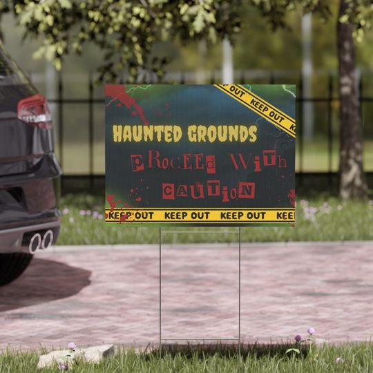 Discover Haunted Caution Yard Sign, Halloween Decor, Outdoor Sign, Spooky Party Decor, Haunted House Sign, Yard Decoration