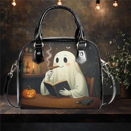 Whimsical Halloween Ghost smoking a cigar reading a book Purse Satchel fun cute messenger tote fun cute black Halloween handbag witchy
