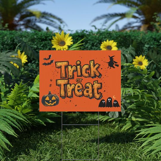 Discover Trick-or-Treat Yard Sign / Corrugated Plastic Halloween Lawn Sign with Bats, Witch, Ghosts and Jack-o-Lantern