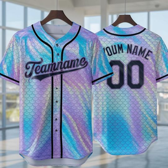 Discover Personalized Mermaid Baseball Jersey, Custom Team Name Number Baseball Uniform, Holographic Pastel Jersey, Kids Youth Adult Baseball Jersey
