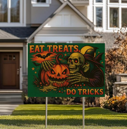 Discover Spooky Halloween Yard Sign, Eat Treats Do Tricks Garden Flag, Vintage Skeleton Pumpkin Decor, Retro Horror Yard Art, Outdoor Halloween Decor