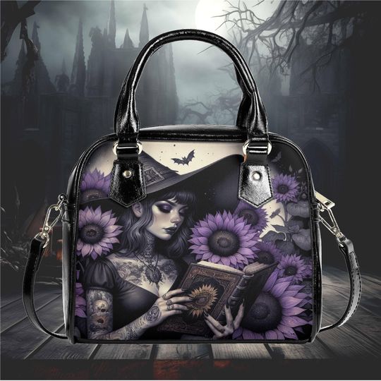 Whimsical Halloween witch reading a book floral flower Purse Satchel fun cute satchel messenger purse tote fun cute black Halloween handbag