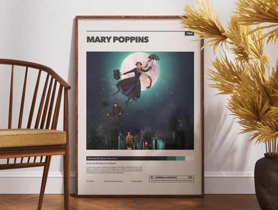Mary Poppins Movie Poster, Retro Movie Poster, Vintage Poster, Gift for Her, Robert Stevenson, Kids Movie Poster, Classic Musical Poster