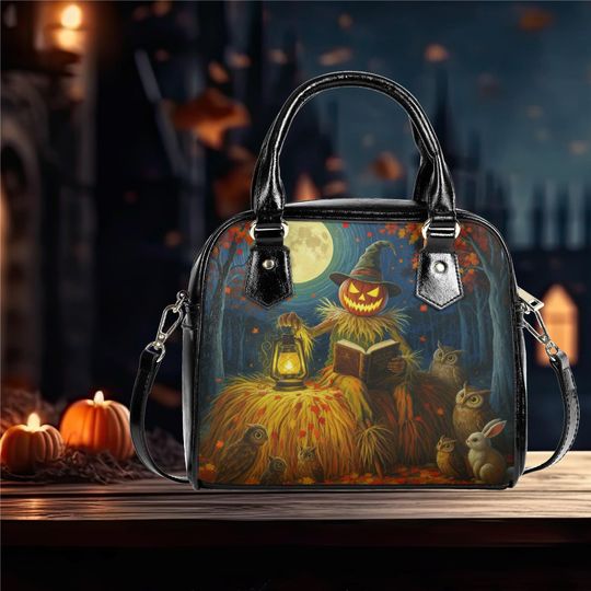 Whimsical Halloween pumpkin scarecrow reading in the moonlight  purse Satchel fun cute satchel messenger purse tote fun cute black witchy