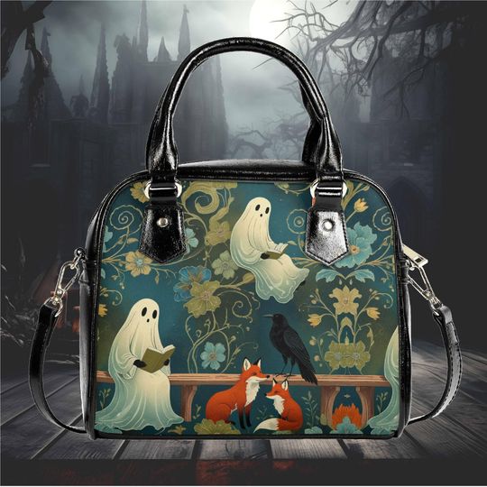 Whimsical Halloween Pumpkin ghosts Red fox Purse reading a book Satchel fun cute Shoulder satchel messenger purse satchel tote fun cute