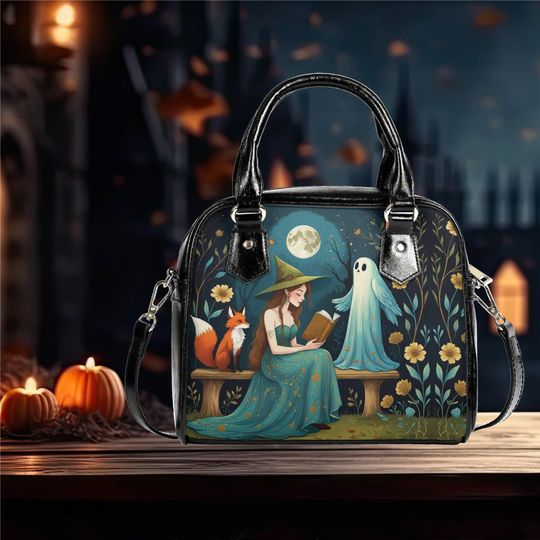 Whimsical Halloween Pumpkin witch ghost Red fox Purse reading a book Satchel fun cute Shoulder satchel messenger purse satchel tote fun cute