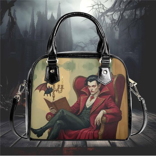 Whimsical Halloween Bag Purse Vampire reading a book Satchel fun cute Shoulder satchel messenger purse satchel tote fun cute black witchy