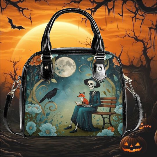 Whimsical Halloween Skeleton reading a book to a crow Vegan Leather Satchel Crossbody Black satchel messenger purse tote fun cute witchy