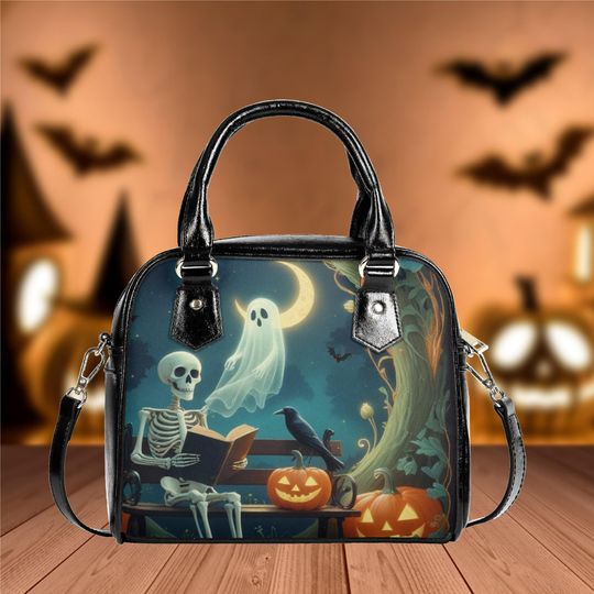 Whimsical Halloween Bag Pumpkin ghost Skeleton Purse Vegan Leather Satchel fun cute Black satchel messenger purse satchel tote fun cute