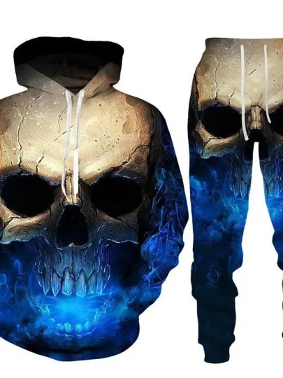 Discover Unisex Skull Print Hoodie and Jogger Set - Punk Sporty Casual Halloween Outfit