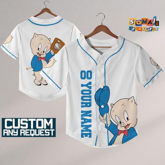 Personalize Cartoon Looney Tune Porky Pig Jersey Baseball, Gift for Space Jamz Fans, Tune Squad Jersey, Family Jersey