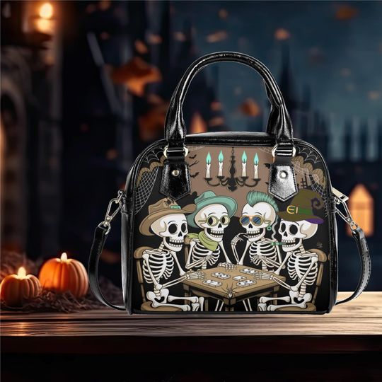 Whimsical Halloween Skeleton Shoulder Bag Vegan Leather Satchel Crossbody Black satchel messenger purse whimsical satchel tote fun cute