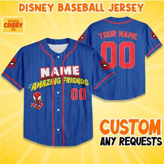 Discover Personalized Spidey And His Amazing Friends Blue Color, Custom Name and Number Spidey Baseball Jersey Team, Disney Baseball Team Outfit