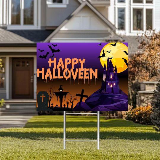 Spooky Halloween Yard Sign: Haunted House, Graveyard, Ghost Castle