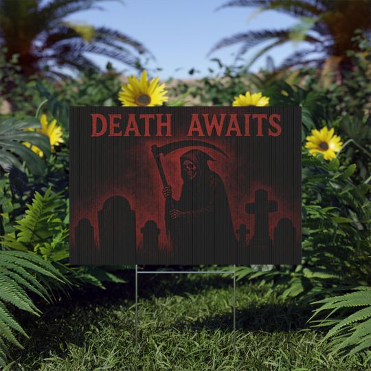Discover Halloween Yard Sign | Death Awaits Grim Reaper Design | Scary Graveyard Lawn Sign | Gothic Outdoor Halloween Decoration