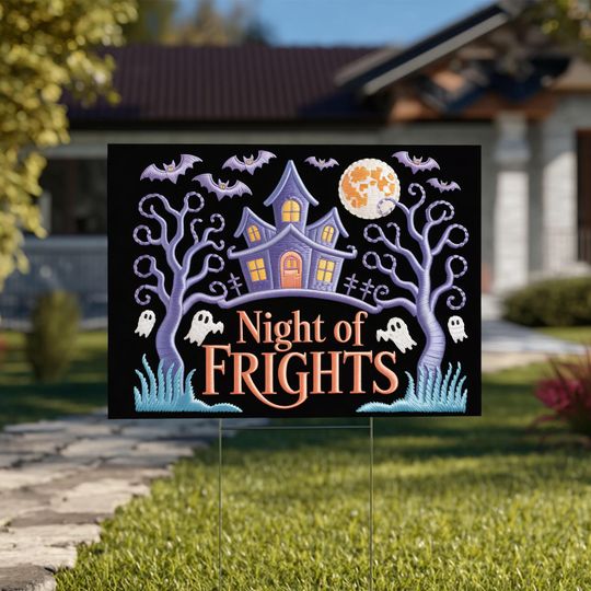 Discover Night of Frights Halloween Yard Sign, Haunted House Decor, Spooky Bats, Ghost Sign, Full Moon Halloween Decoration, Halloween Outdoor