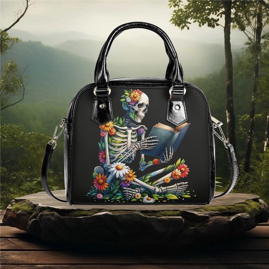 Shoulder Handbag  vegan leather satchel messenger Halloween Skeleton reading a book purse black crossbody satchel tote fun cute design
