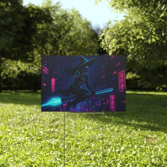 Discover Halloween Yard Sign Cyberpunk Witch Flying Neon City Futuristic Spooky Lawn Sign Halloween Outdoor Decor