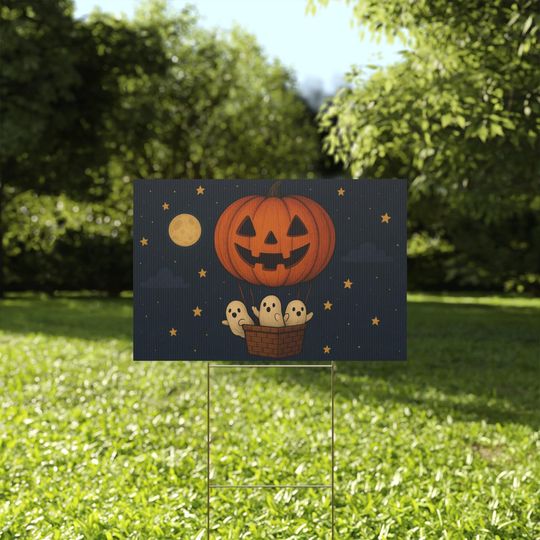 Discover Halloween Yard Sign Pumpkin Balloon with Ghosts Cute Spooky Halloween Lawn Sign Outdoor Trick or Treat Decor