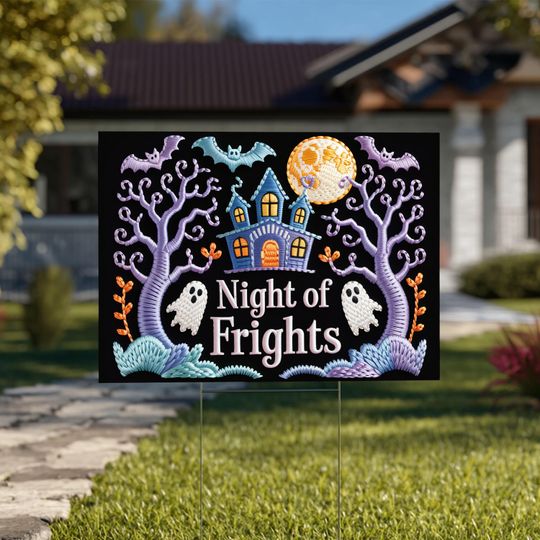 Discover Halloween Yard Sign, Night of Frights Sign, Spooky Haunted House Decor, Bats and Ghosts Lawn Art, Halloween Outdoor Decorations, Fall Decor