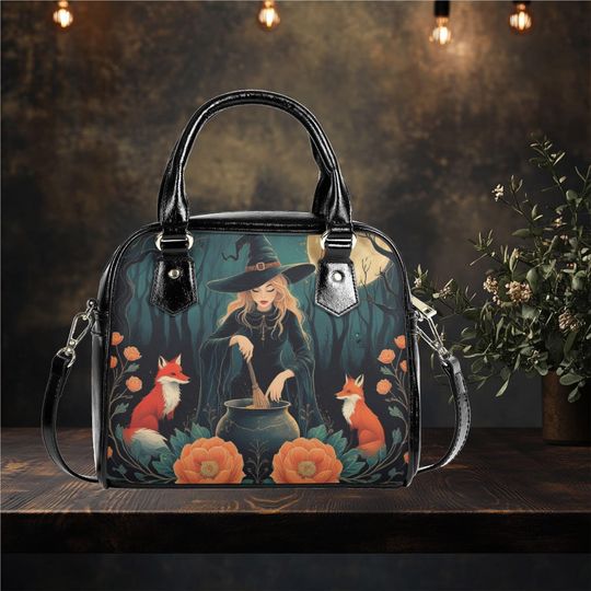 Shoulder Handbag satchel Halloween witch foxes  messenger or everyday bag purse black crossbody satchel tote fun cute design vegan leather