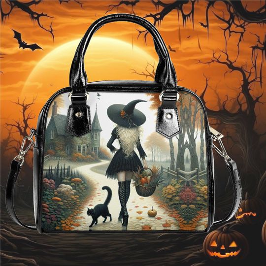 Shoulder Handbag satchel Halloween girl witch black cat cottagecore messenger or everyday purse black crossbody satchel tote fun cute bag