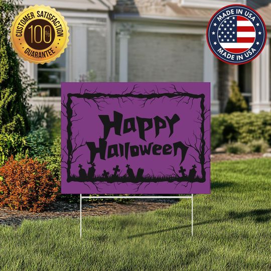 Discover Spooky "Happy Halloween" Yard Sign  Purple Background | Outdoor Halloween Decoration | Durable Weather-Resistant Lawn Sign with Stake