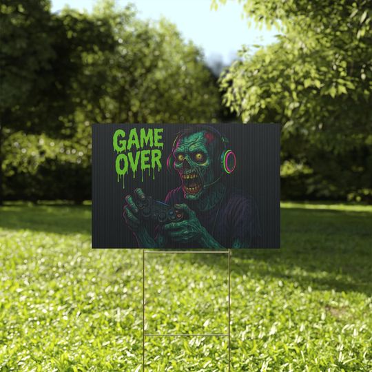 Discover Halloween Yard Sign Game Over Zombie Gamer Headset Neon Controller Spooky Outdoor Lawn Sign Halloween Party Decor