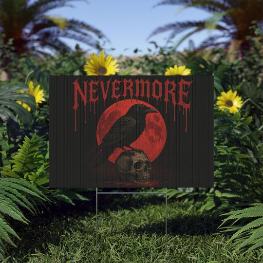 Halloween Yard Sign | Nevermore Raven & Skull Design | Gothic Crow Blood Moon Lawn Sign | Spooky Outdoor Halloween Decor