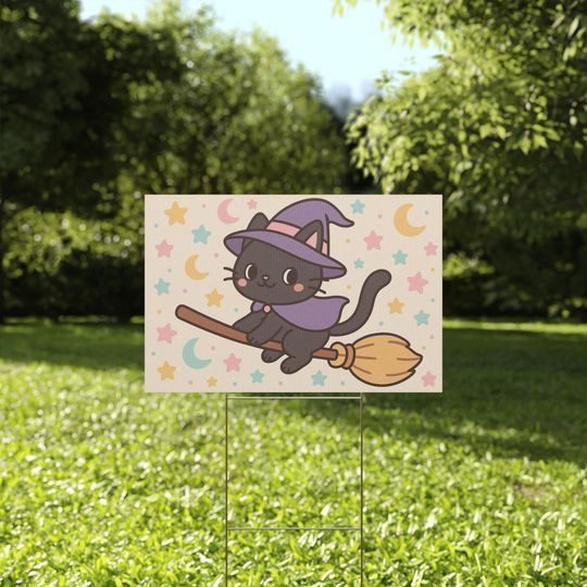Discover Halloween Yard Sign Cute Witch Cat Kawaii Black Cat on Broom Family Friendly Halloween Lawn Sign Outdoor Decor