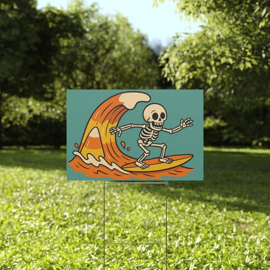 Halloween Yard Sign Skeleton Surfing Candy Corn Wave Funny Spooky Cute Outdoor Lawn Sign Halloween Decor