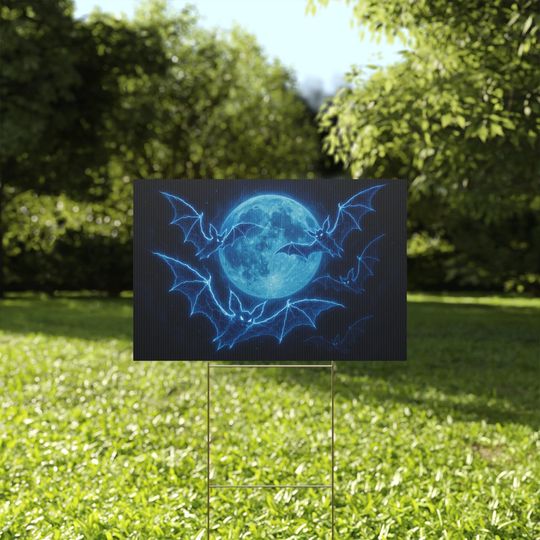 Discover Halloween Yard Sign Electric Bats Full Moon Neon Blue Spooky Gothic Lawn Sign Halloween Outdoor Decor