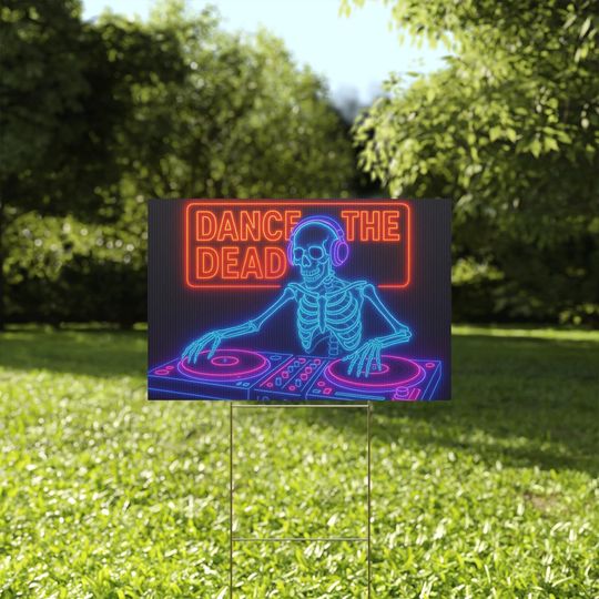 Discover Halloween Yard Sign Dance of the Dead Neon Skeleton DJ Party Spooky Glow Lawn Sign Halloween Outdoor Decor