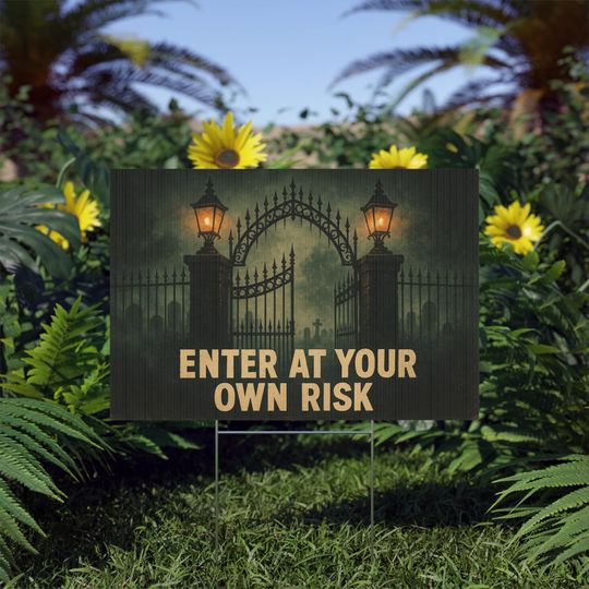 Discover Halloween Yard Sign | Enter at Your Own Risk Cemetery Gate Design | Scary Haunted House Lawn Sign | Gothic Outdoor Halloween Decor